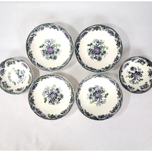 Lot of 6 Egersund Norway Black Pheasant Transferware Norsk Flint Bowl Soup Berry - Picture 1 of 11